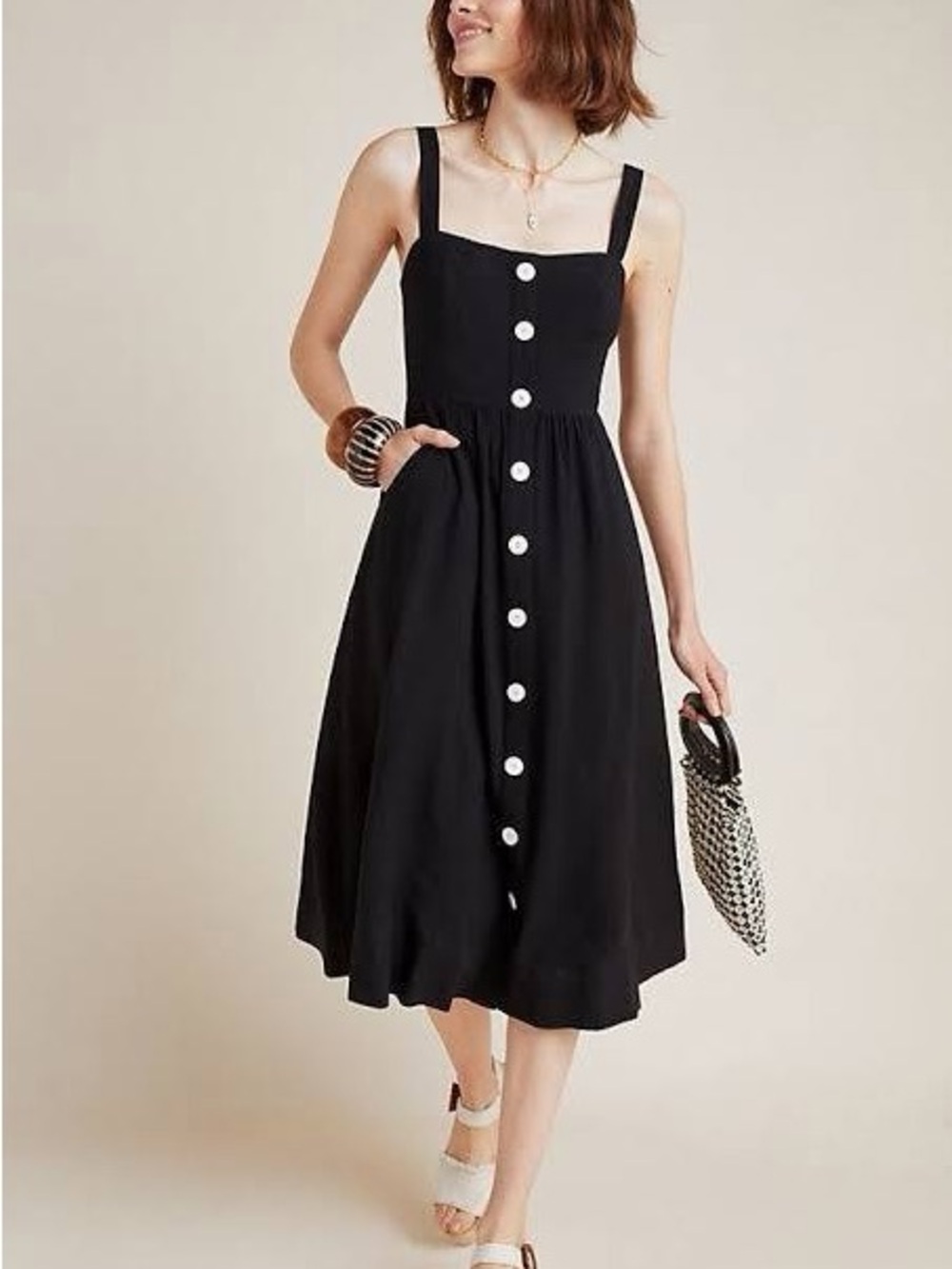 Maeve Black and White Button-Front Midi Sundress